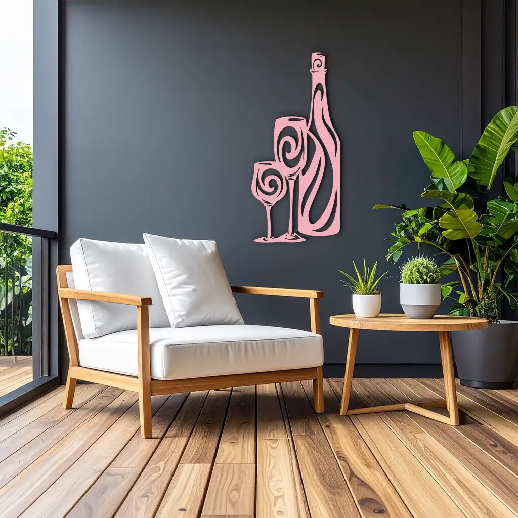 Wine Bottle and Glasses Silhouette Modern Kitchen Décor - Pink Metal Wall Art - KAFGP160 by Enova Art