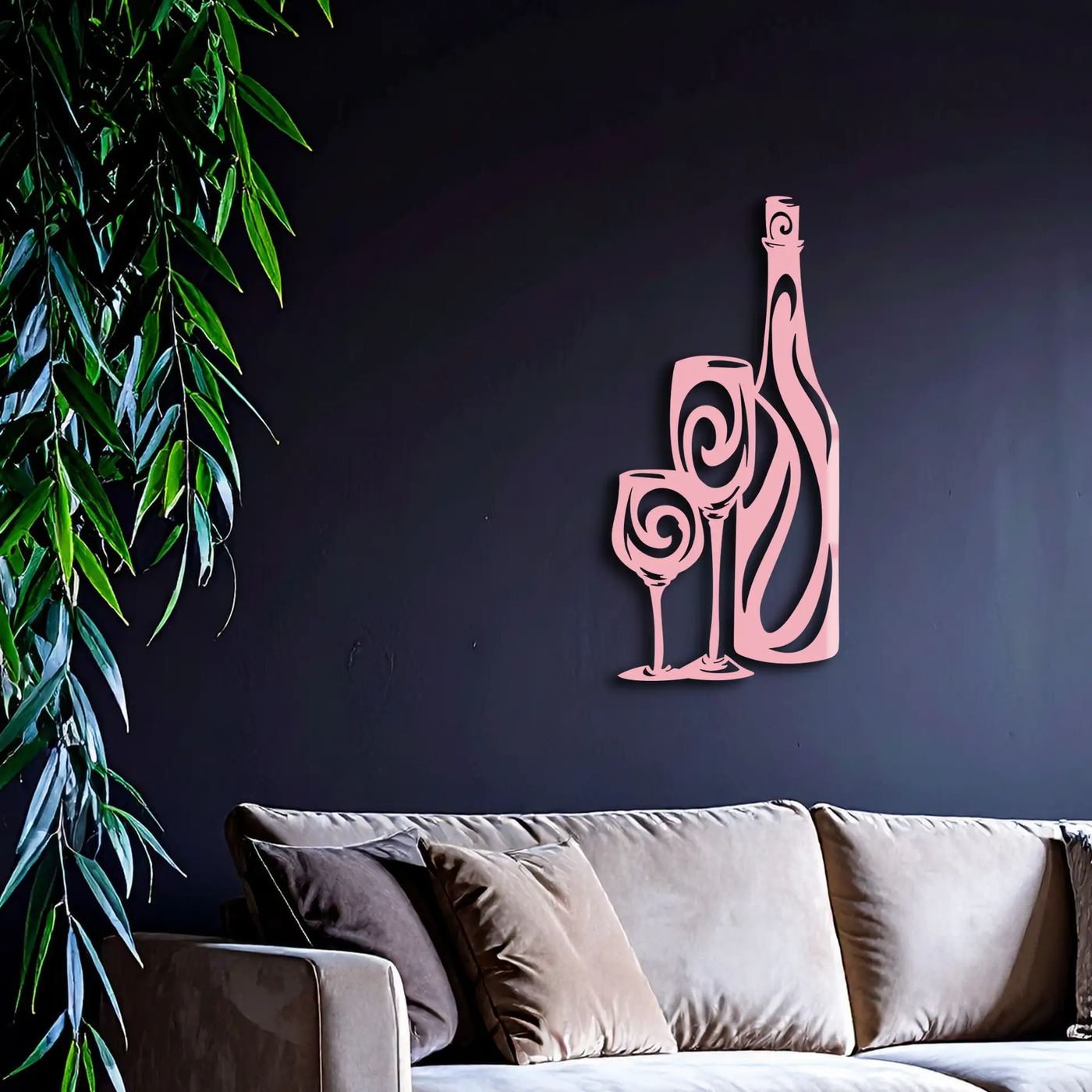 Wine Bottle and Glasses Silhouette Modern Kitchen Décor - Pink Metal Wall Art - KAFGP160 by Enova Art