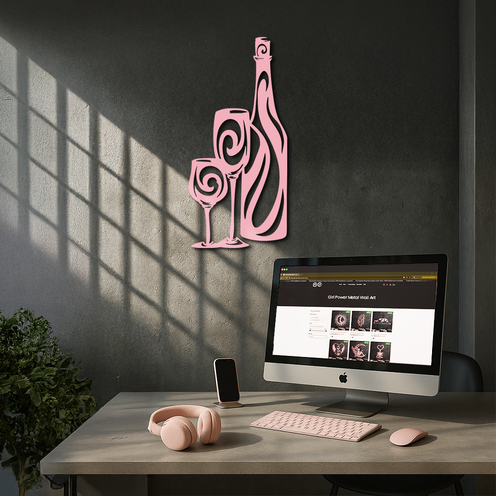 Wine Bottle and Glasses Silhouette Modern Kitchen Décor - Pink Metal Wall Art - KAFGP160 by Enova Art