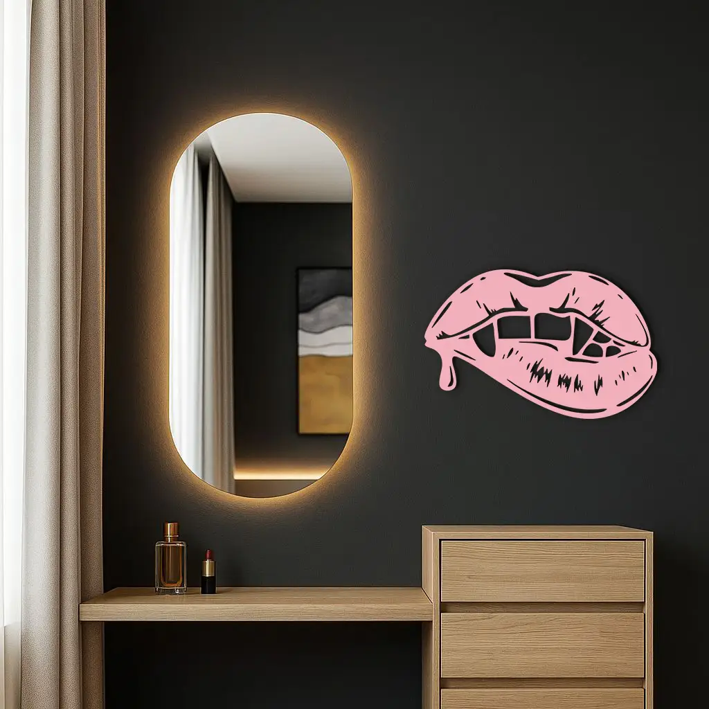 Vampire Lips Silhouette – Pink Metal Wall Art for Modern Home Décor - KAFGP163 by Enova Art