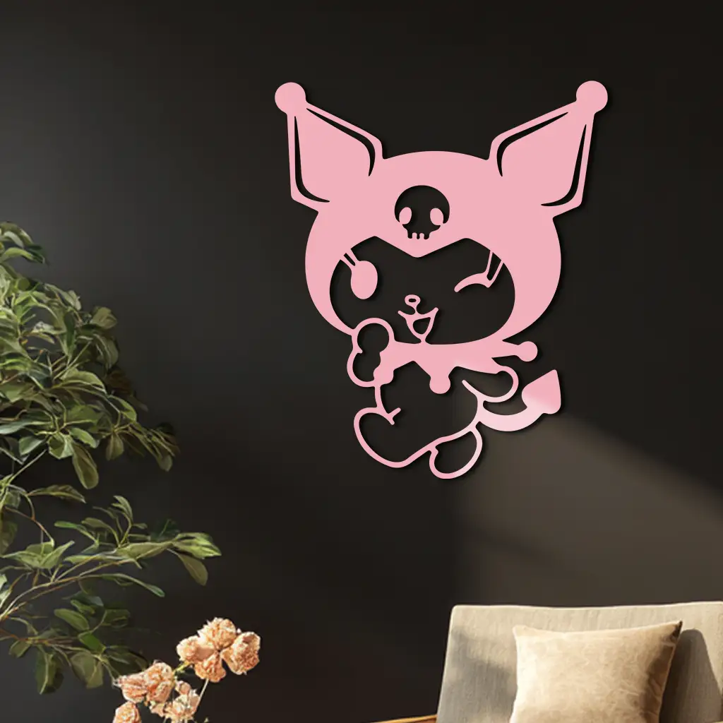 Cute Kuromi Winking Silhouette – Pink Metal Wall Art for Modern Décor - KAFGP172 by Enova Art