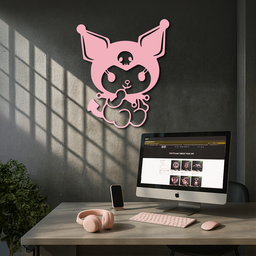 Kuromi Sitting Pose Cute Pink Metal Wall Art – Modern Anime Inspired Home Decor - KAFGP173 by Enova Art
