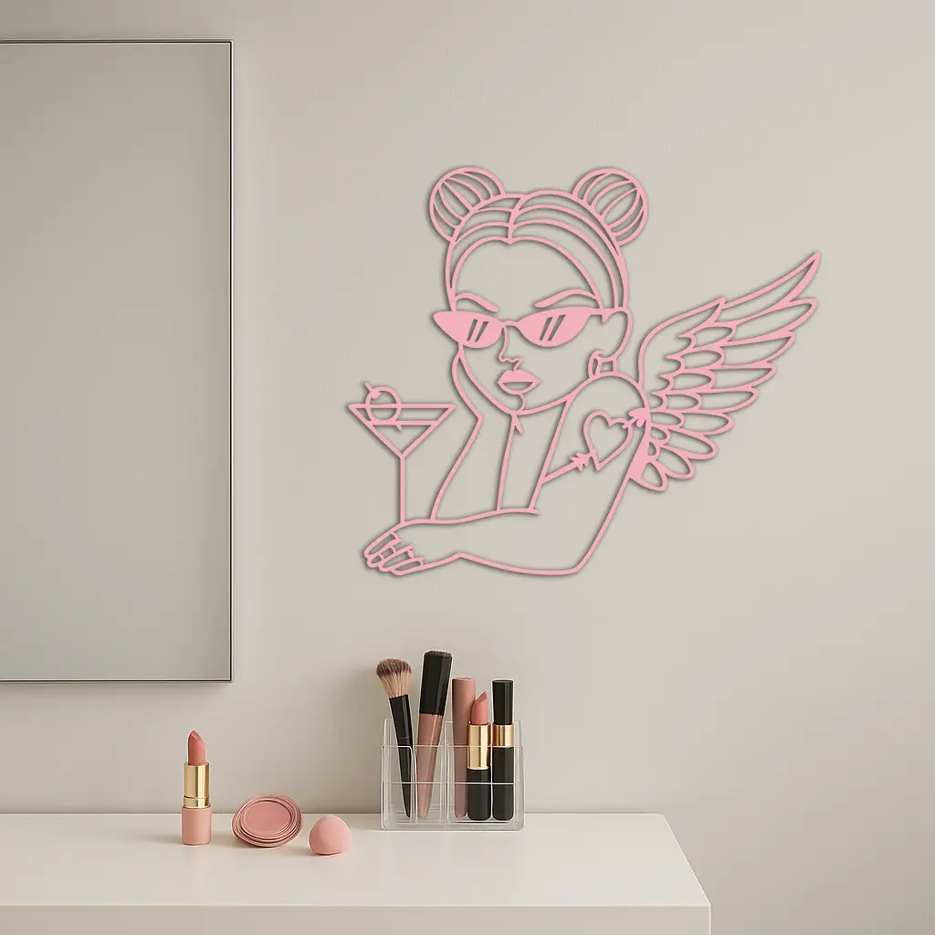 Angel Girl with Sunglasses and Cocktail – Pink Metal Wall Art - KAFGP176 by Enova Art
