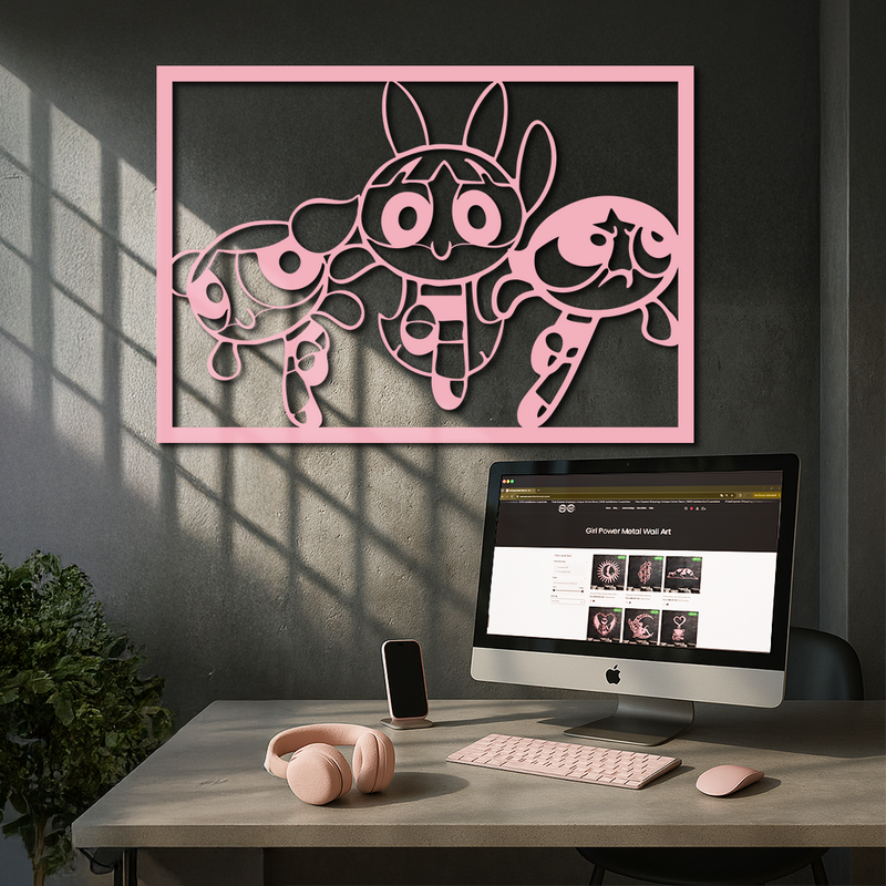 Powerpuff Girls Trio Silhouette – Pink Metal Wall Art - KAFGP179 by Enova Art