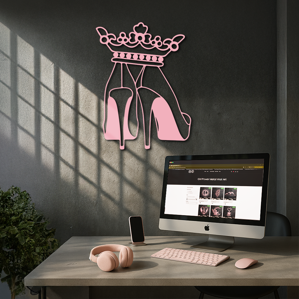 Crown High Heels Silhouette – Pink Metal Wall Art for Modern Glam Décor - KAFGP182 by Enova Art