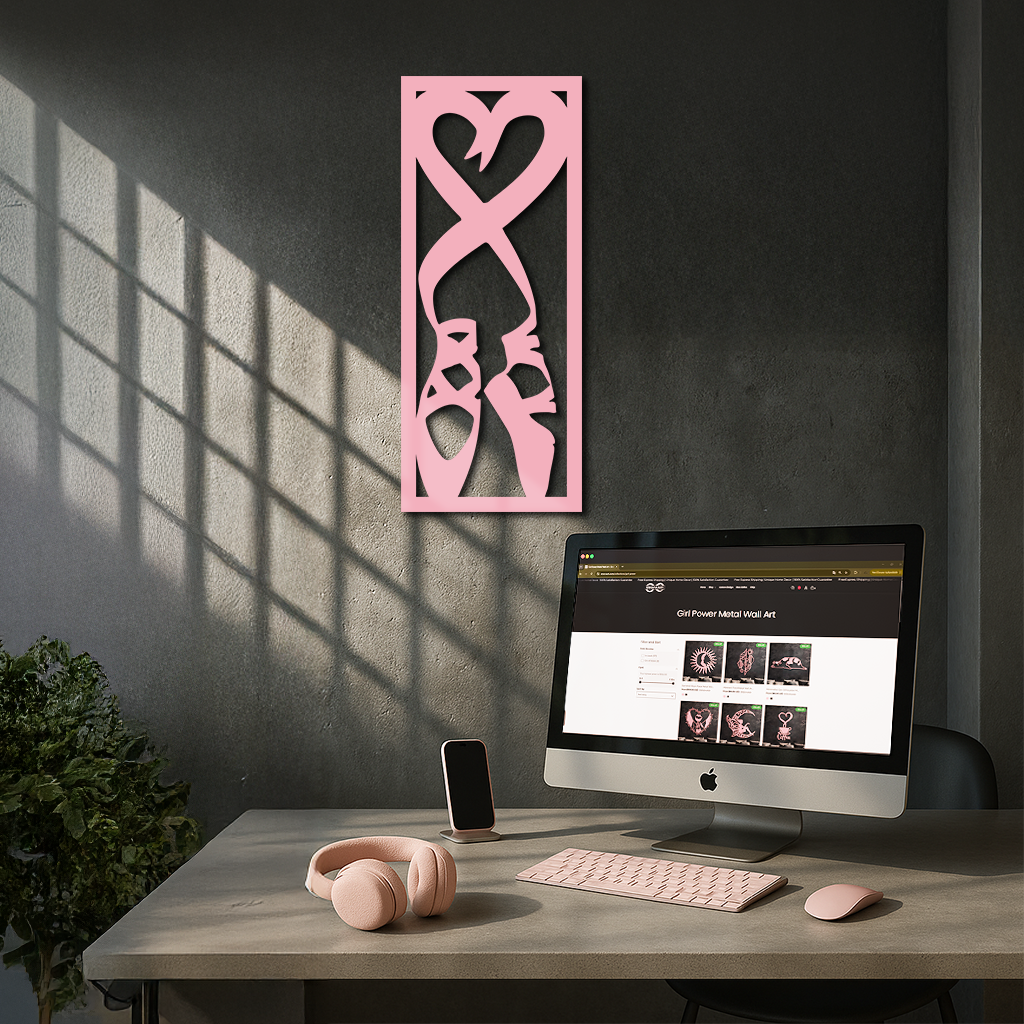 Ballet Shoes with Heart Silhouette – Pink Metal Wall Art - KAFGP183 by Enova Art