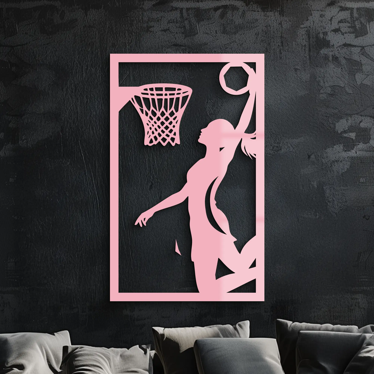 Basketball Girl Silhouette Metal Wall Art – Modern Pink Home Decor - KAFGP184 by Enova Art