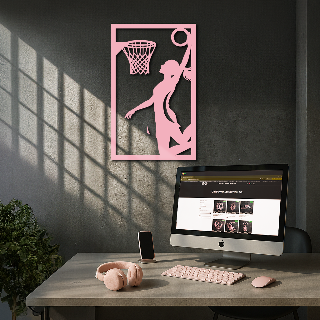 Basketball Girl Silhouette Metal Wall Art – Modern Pink Home Decor - KAFGP184 by Enova Art