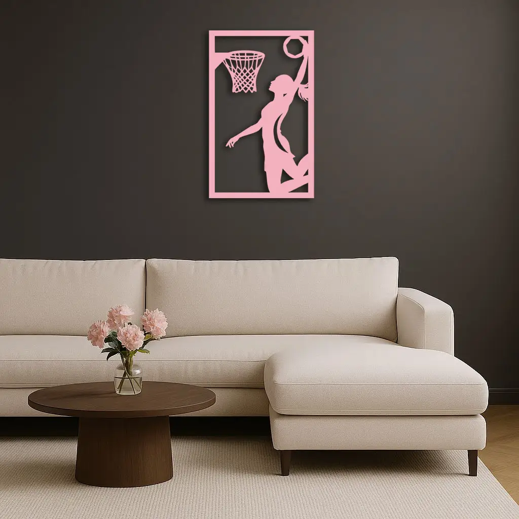 Basketball Girl Silhouette Metal Wall Art – Modern Pink Home Decor - KAFGP184 by Enova Art