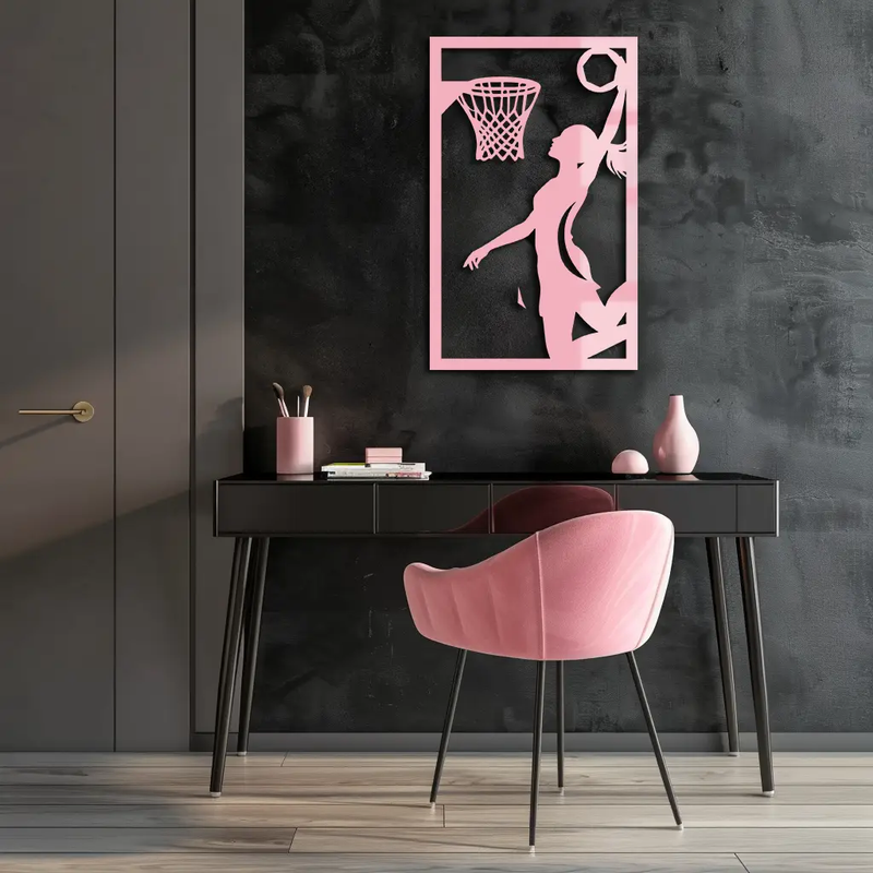 Basketball Girl Silhouette Metal Wall Art – Modern Pink Home Decor - KAFGP184 by Enova Art