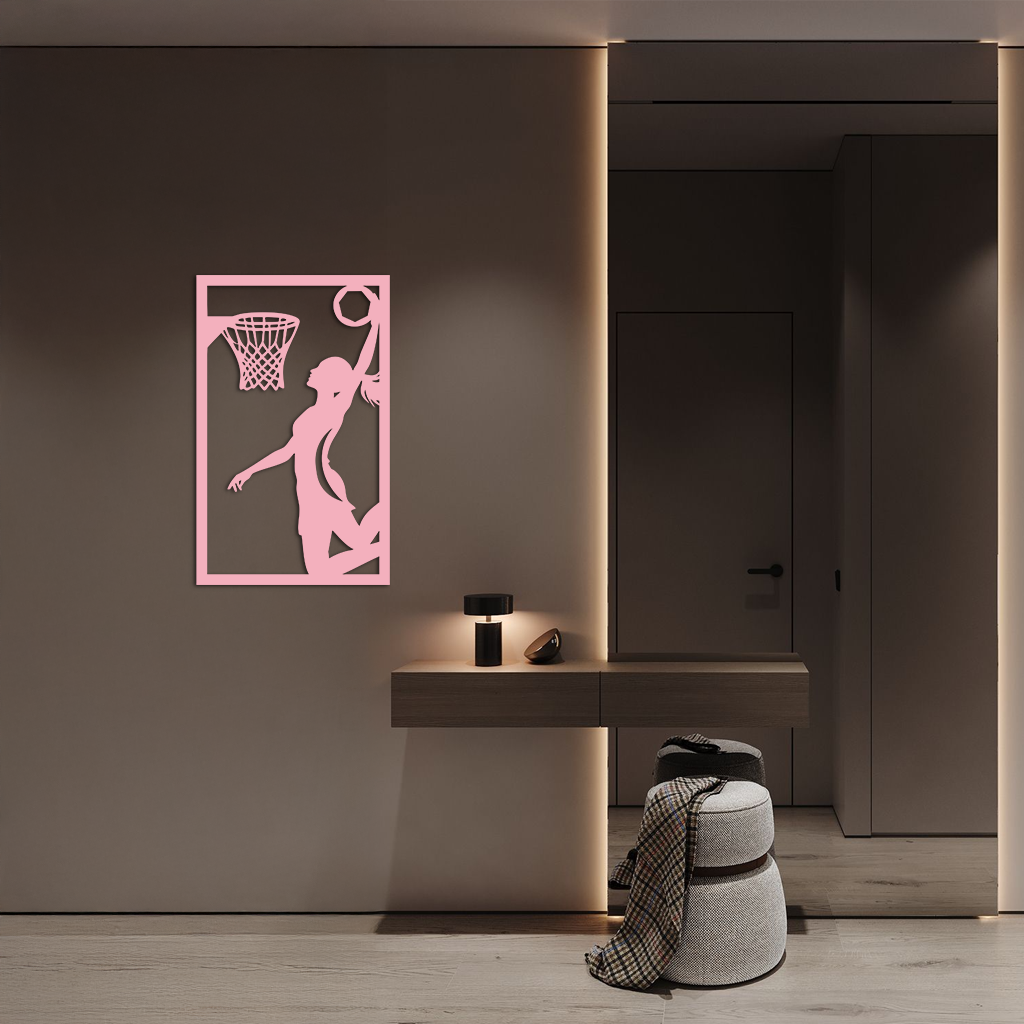 Basketball Girl Silhouette Metal Wall Art – Modern Pink Home Decor - KAFGP184 by Enova Art