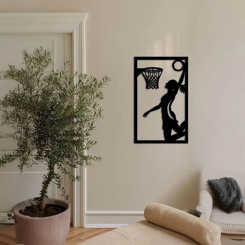 Basketball Girl Silhouette Metal Wall Art – Modern Pink Home Decor - KAFGP184 by Enova Art