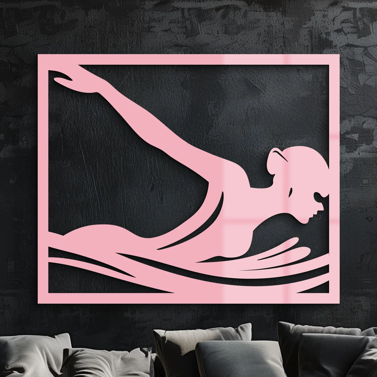 Pink Swimmer Woman Silhouette Metal Wall Art – Sporty Modern Home Decor - KAFGP187 by Enova Art