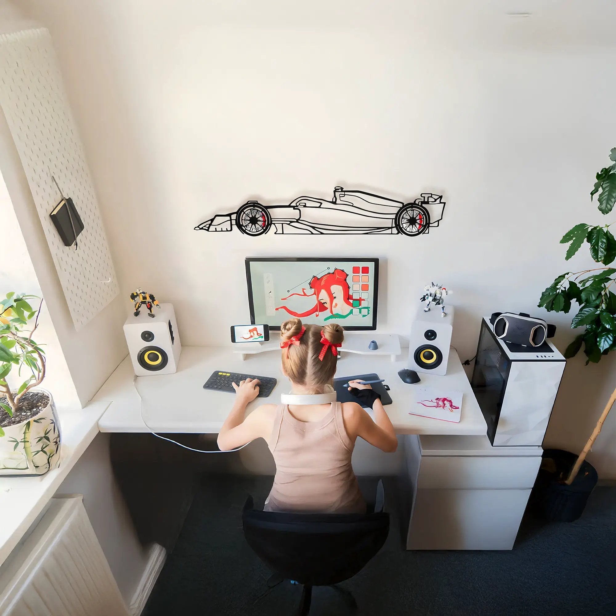 Formula 1 Wall Art – Steel Silhouette Racing Car with Spinning Wheels-KAFMEKA023 by Enova Art