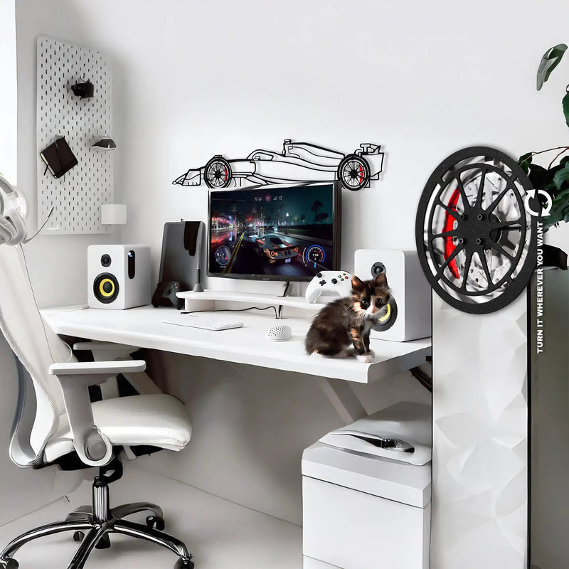 Formula 1 Wall Art – Steel Silhouette Racing Car with Spinning Wheels-KAFMEKA023 by Enova Art