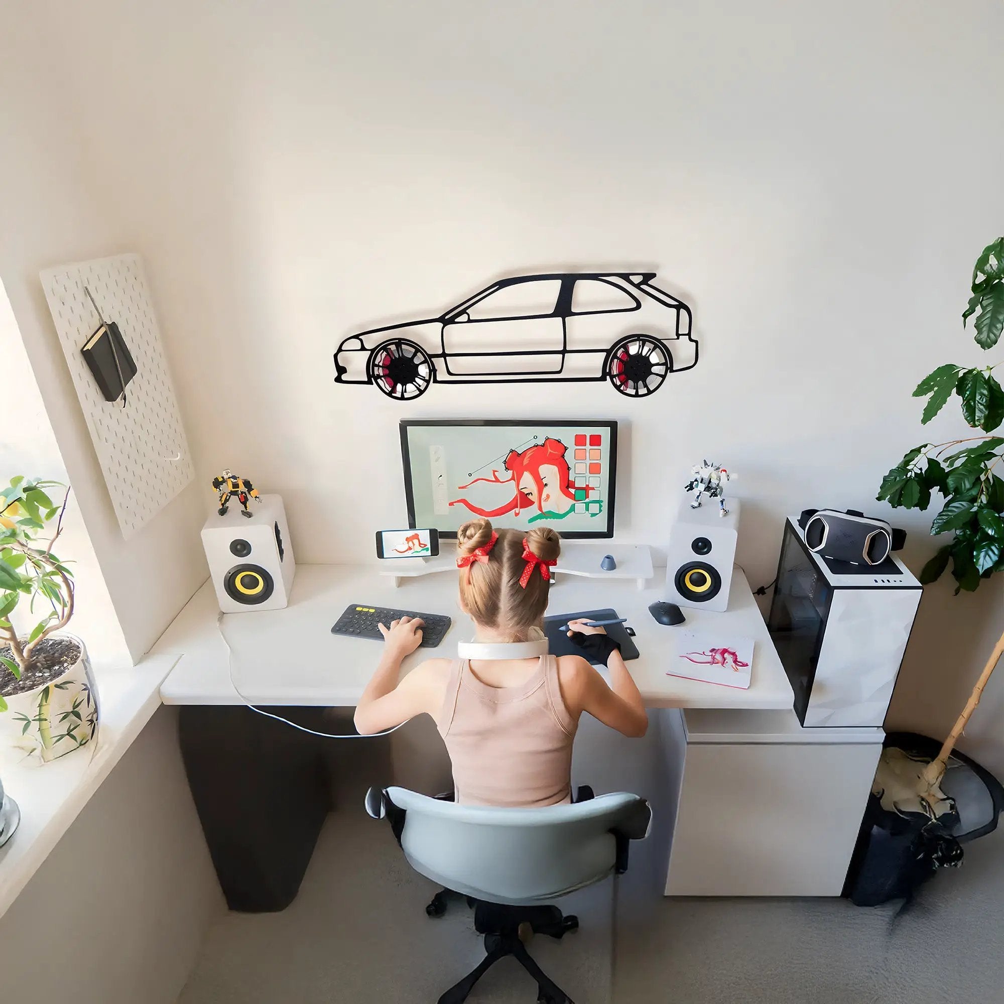 Honda Civic Wall Art – JDM Steel Silhouette with Spinning Wheels-KAFMEKA028 by Enova Art