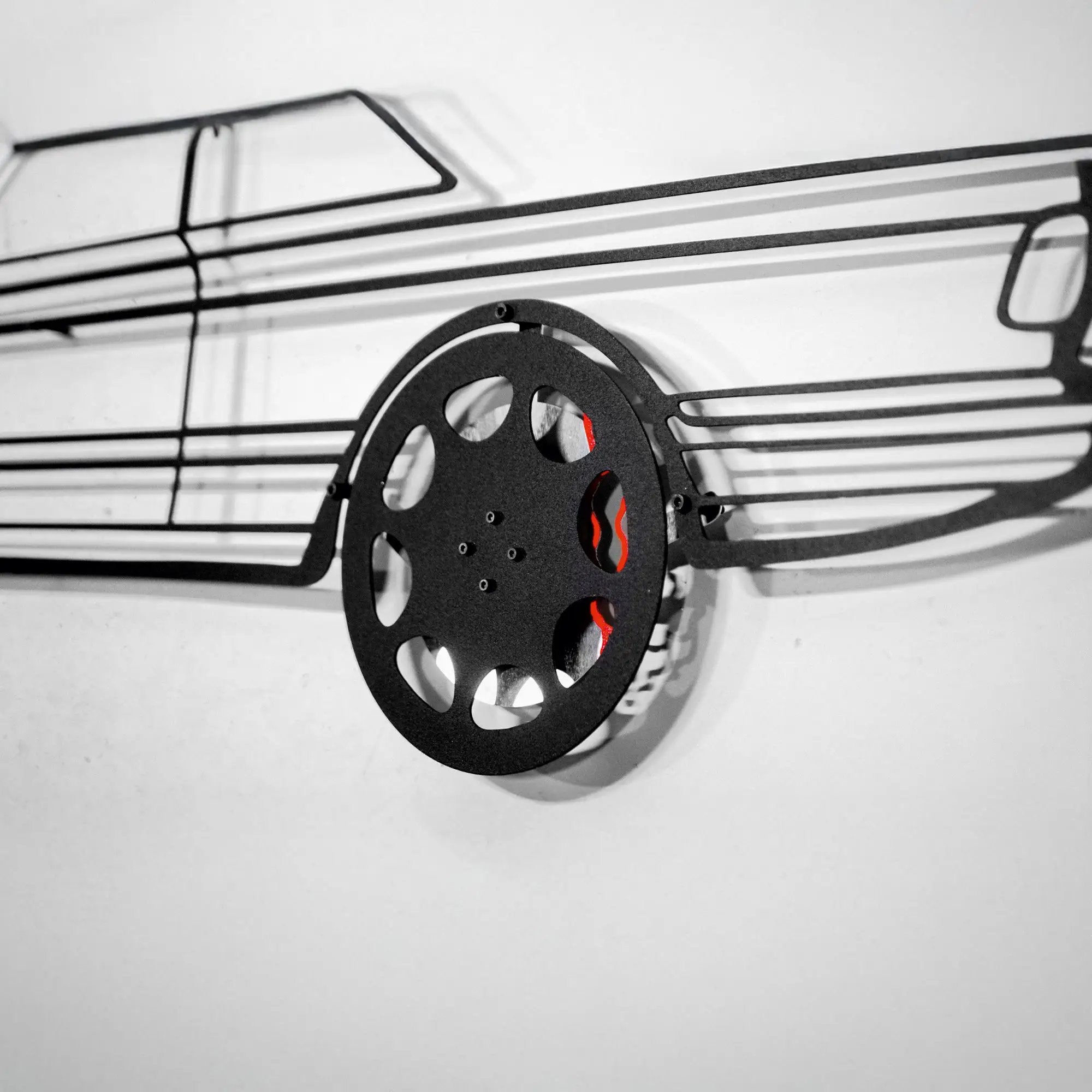 1990 Mercedes-Benz 500 SEC Wall Art – Steel Silhouette with Spinning Wheels-KAFMEKA032 by Enova Art