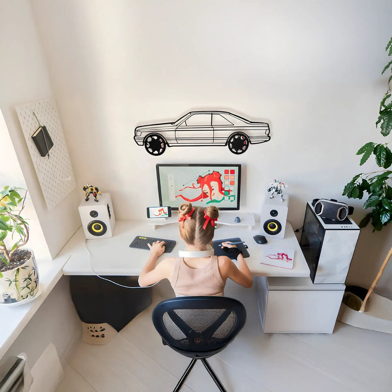 1990 Mercedes-Benz 500 SEC Wall Art – Steel Silhouette with Spinning Wheels-KAFMEKA032 by Enova Art