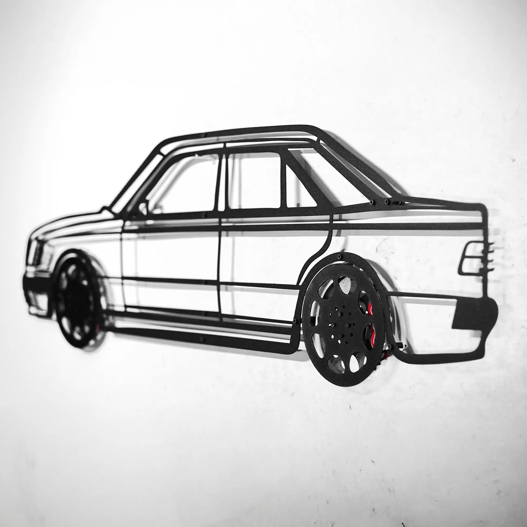 Mercedes W124 Wall Art – Classic Steel Silhouette with Spinning Wheels-KAFMEKA035 by Enova Art