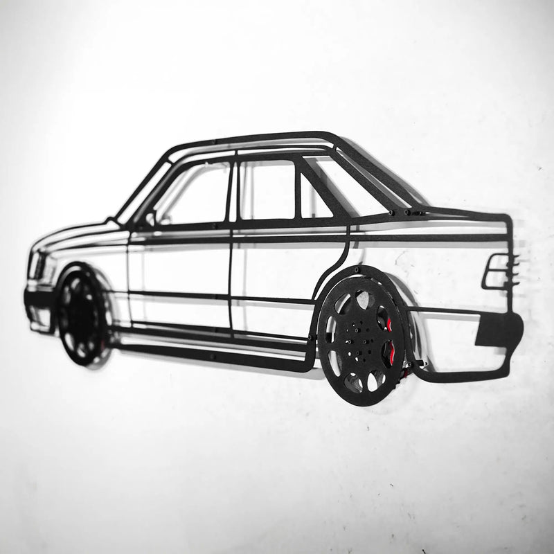 Mercedes W124 Wall Art – Classic Steel Silhouette with Spinning Wheels-KAFMEKA035 by Enova Art
