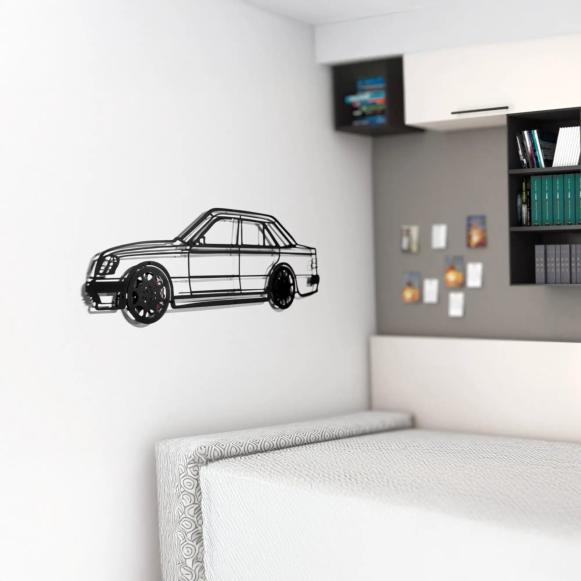 Mercedes W124 Wall Art – Classic Steel Silhouette with Spinning Wheels-KAFMEKA035 by Enova Art
