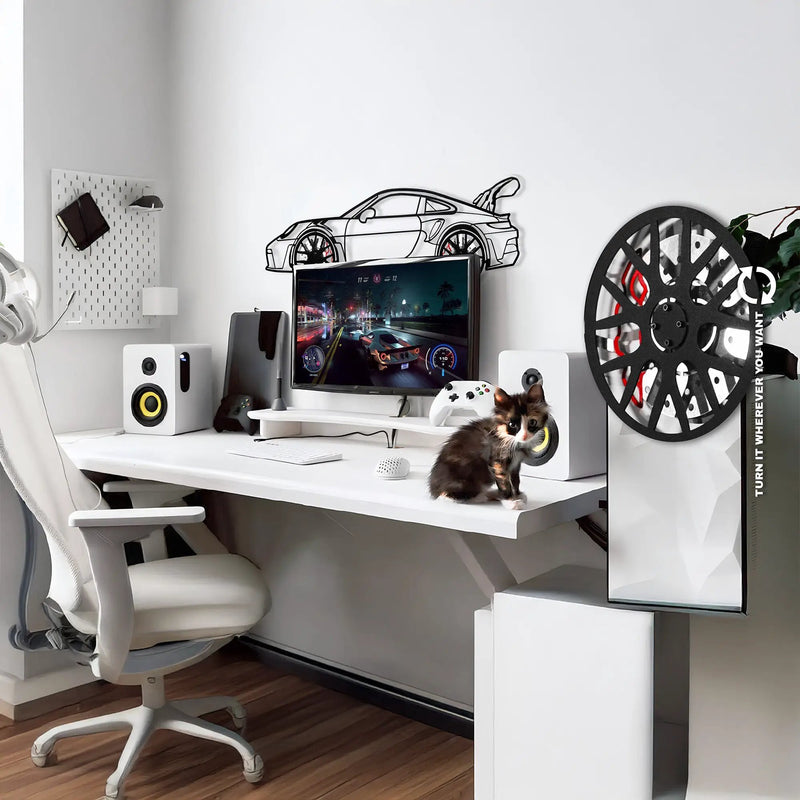 Porsche 911 GT Wall Art – Steel Silhouette with Spinning Wheels-KAFMEKA037 by Enova Art