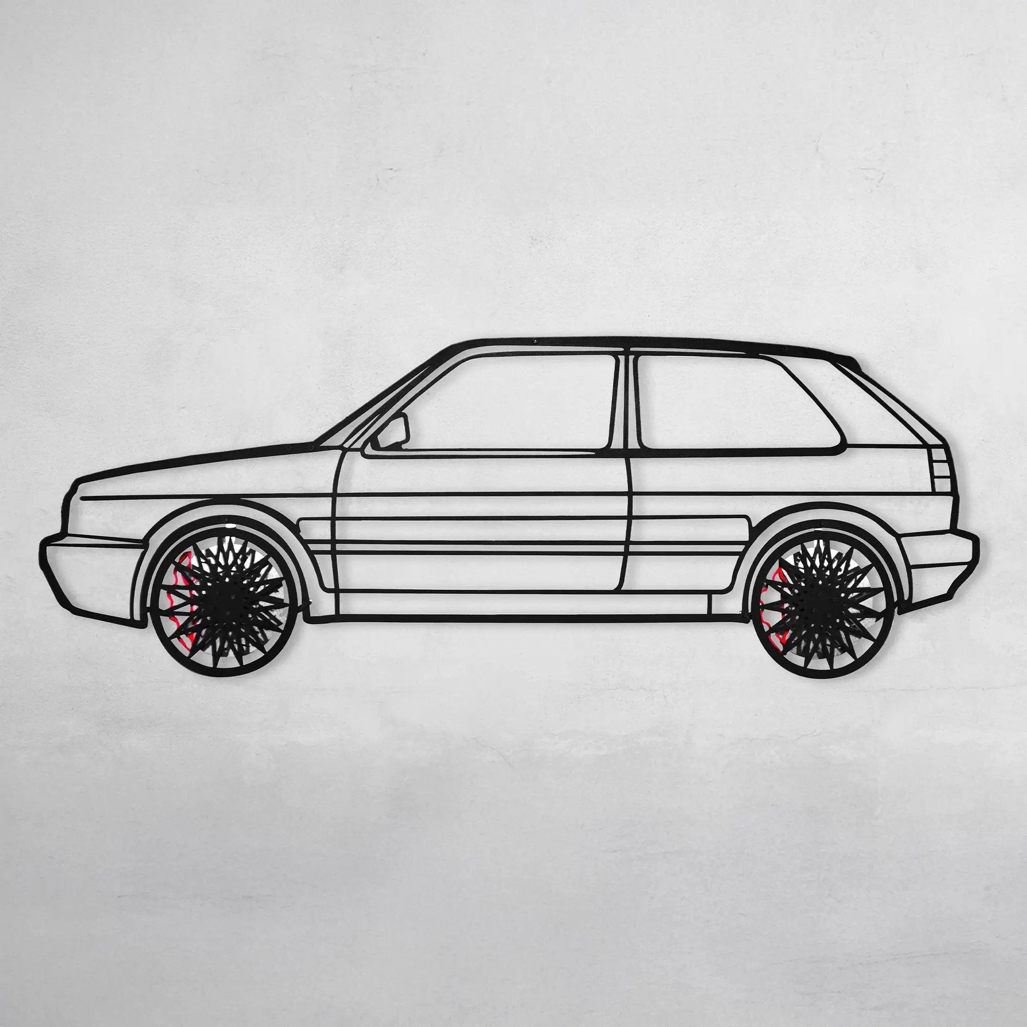 Volkswagen Golf Mk1 Wall Art – Classic Hot Hatch Steel Silhouette with Spinning Wheels-KAFMEKA046 by Enova Art