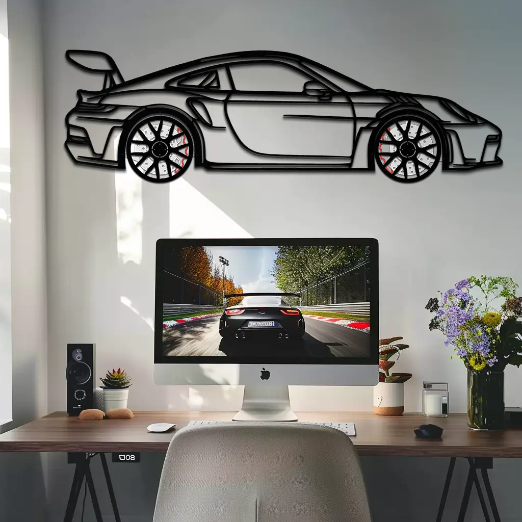 Porsche GT3 RS Style Metal Wall Art – Rotating Wheel Car Silhouette | Premium Gift for Porsche Lovers,KAFMEKA051 by Enova Art