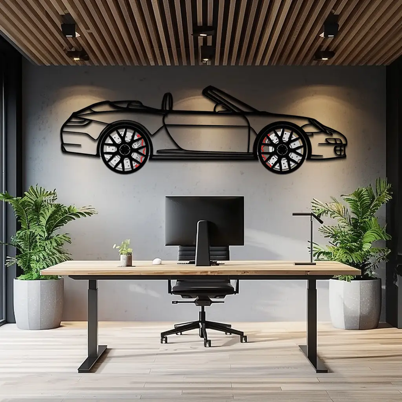 Porsche-Inspired Cabrio Silhouette Metal Wall Art – Rotating Wheel Garage Decor Gift,KAFMEKA055 by Enova Art