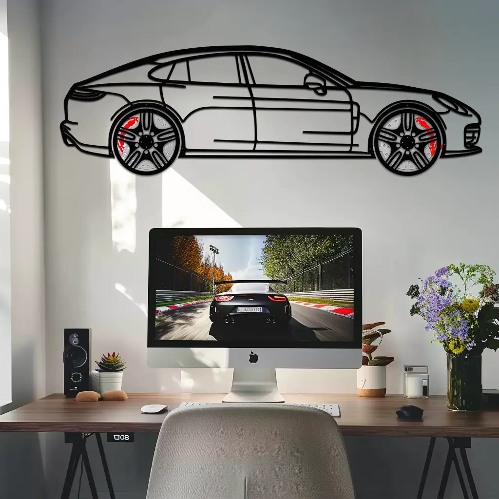 Porsche Panamera GTS 2023 Metal Wall Art – Luxury Sport Sedan Silhouette with Rotating Wheels-KAFMEKA066 by Enova Art