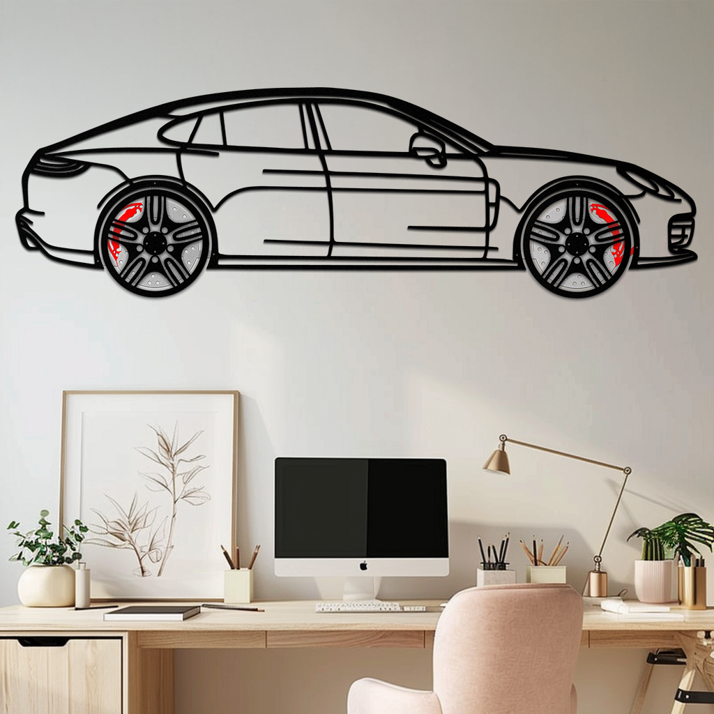Porsche Panamera GTS 2023 Metal Wall Art – Luxury Sport Sedan Silhouette with Rotating Wheels-KAFMEKA066 by Enova Art