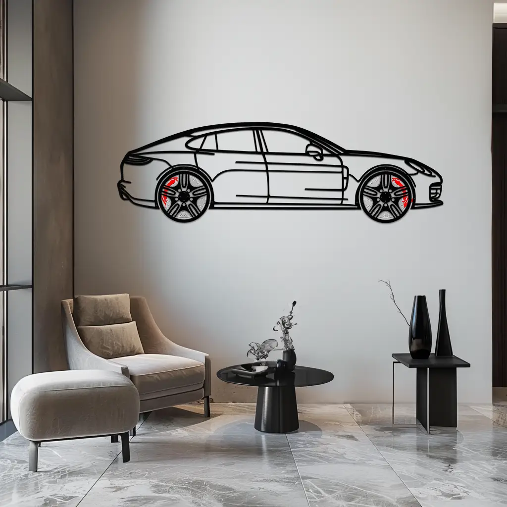 Porsche Panamera GTS 2023 Metal Wall Art – Luxury Sport Sedan Silhouette with Rotating Wheels-KAFMEKA066 by Enova Art