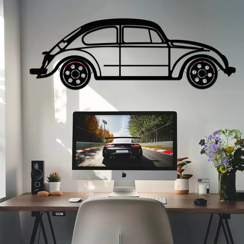 Volkswagen Beetle “Tosbiq” Metal Wall Art – Classic Bug Silhouette with Rotating Wheels-KAFMEKA068 by Enova Art