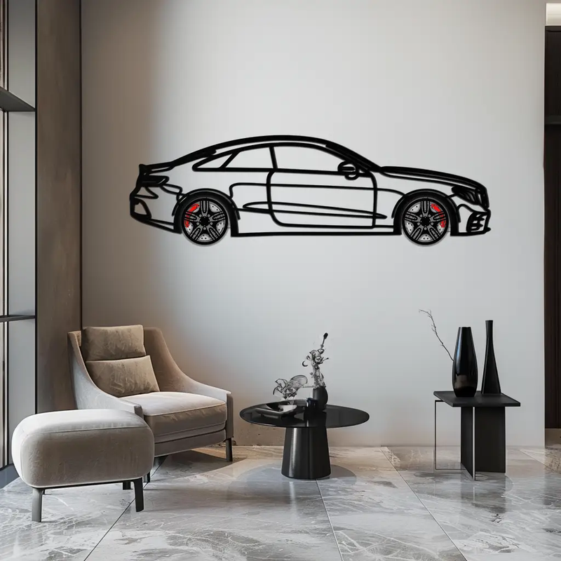 Mercedes E53 AMG Rotating Wheel Metal Wall Art – Luxury Coupe Silhouette Decor for Car Enthusiasts- KAFMEKA078 by Enova Art