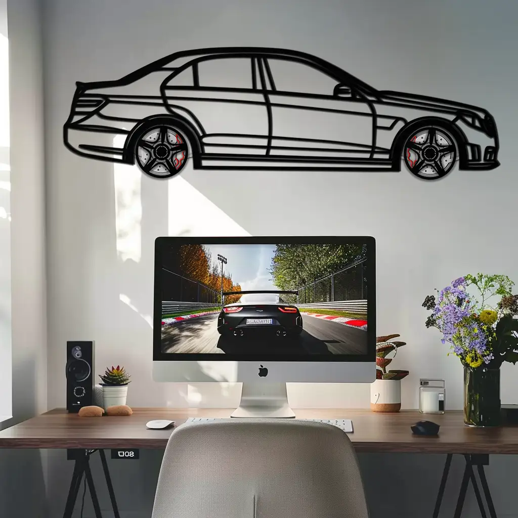 Mercedes E63 AMG Metal Wall Art – Rotating Wheels • Luxury Car Silhouette • Perfect Gift for Mercedes Lovers- KAFMEKA079 by Enova Art