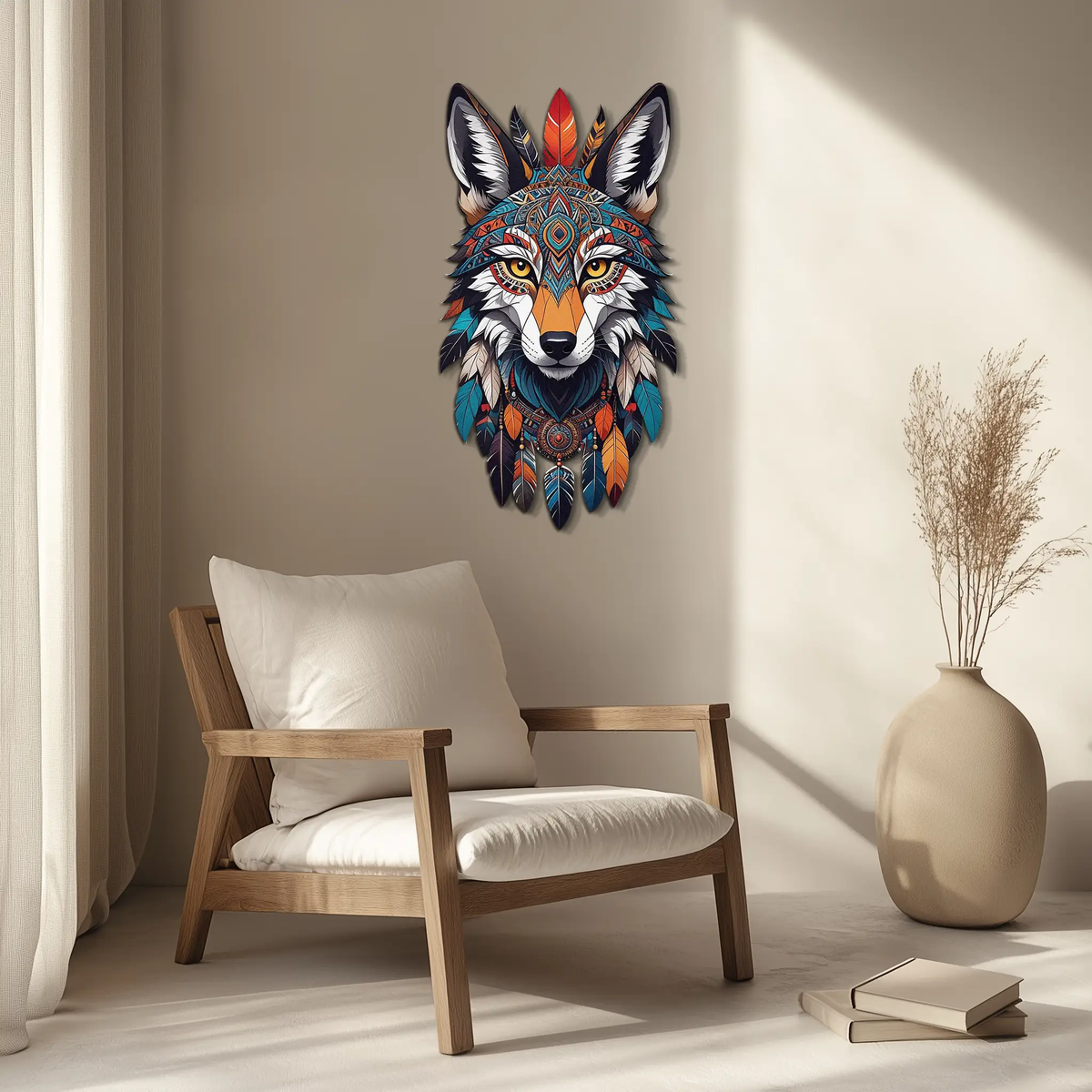 Colorful Tribal Wolf Metal Wall Art – Spirit Animal UV Decor-KAFUVM002 by Enova Art