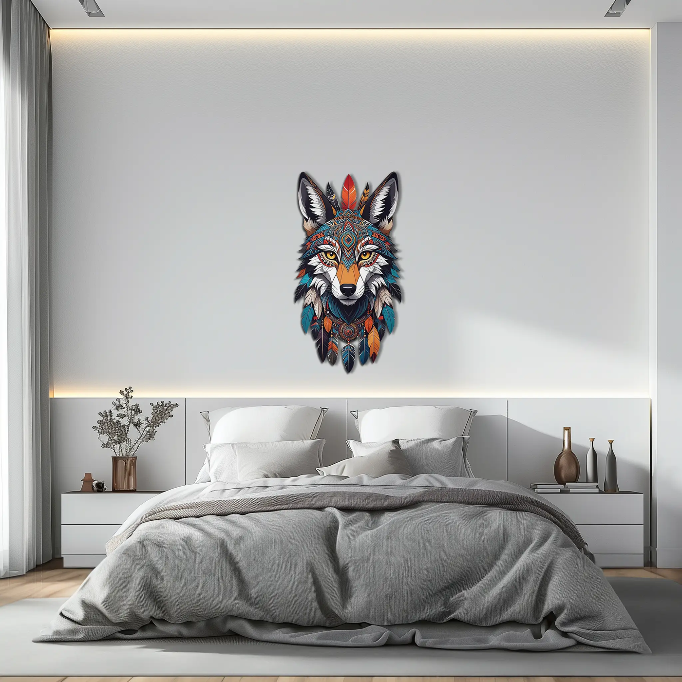 Colorful Tribal Wolf Metal Wall Art – Spirit Animal UV Decor-KAFUVM002 by Enova Art