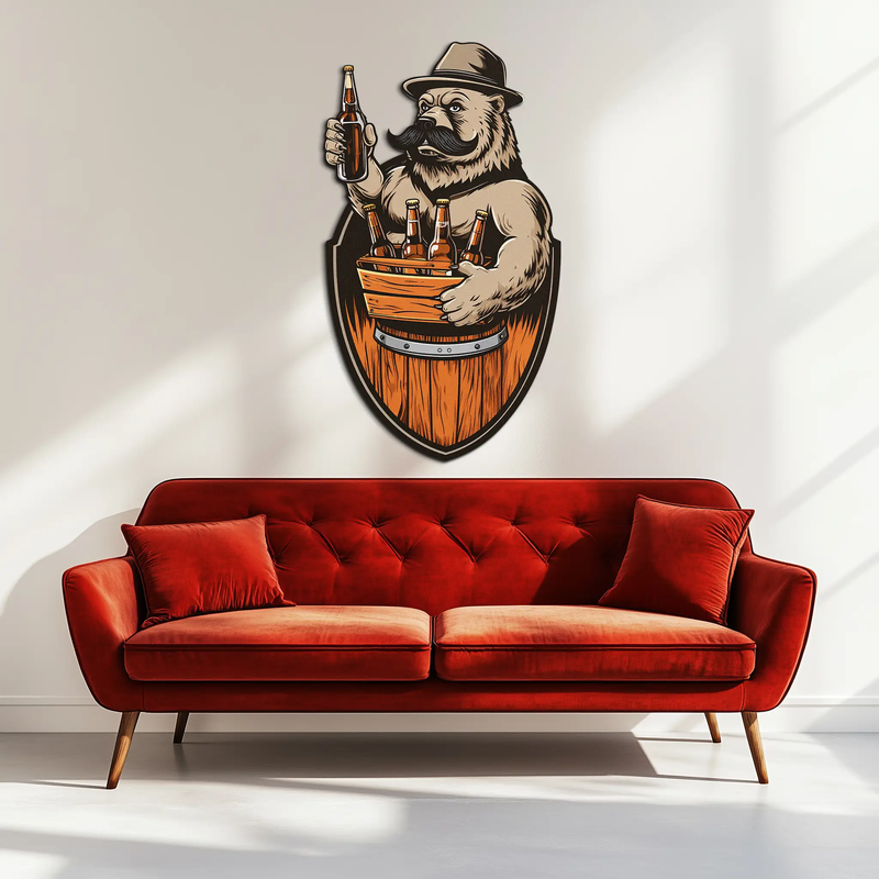 Bearded Beer Bear Metal Wall Art – Funny Bar UV Decor-KAFUVM006 by Enova Art