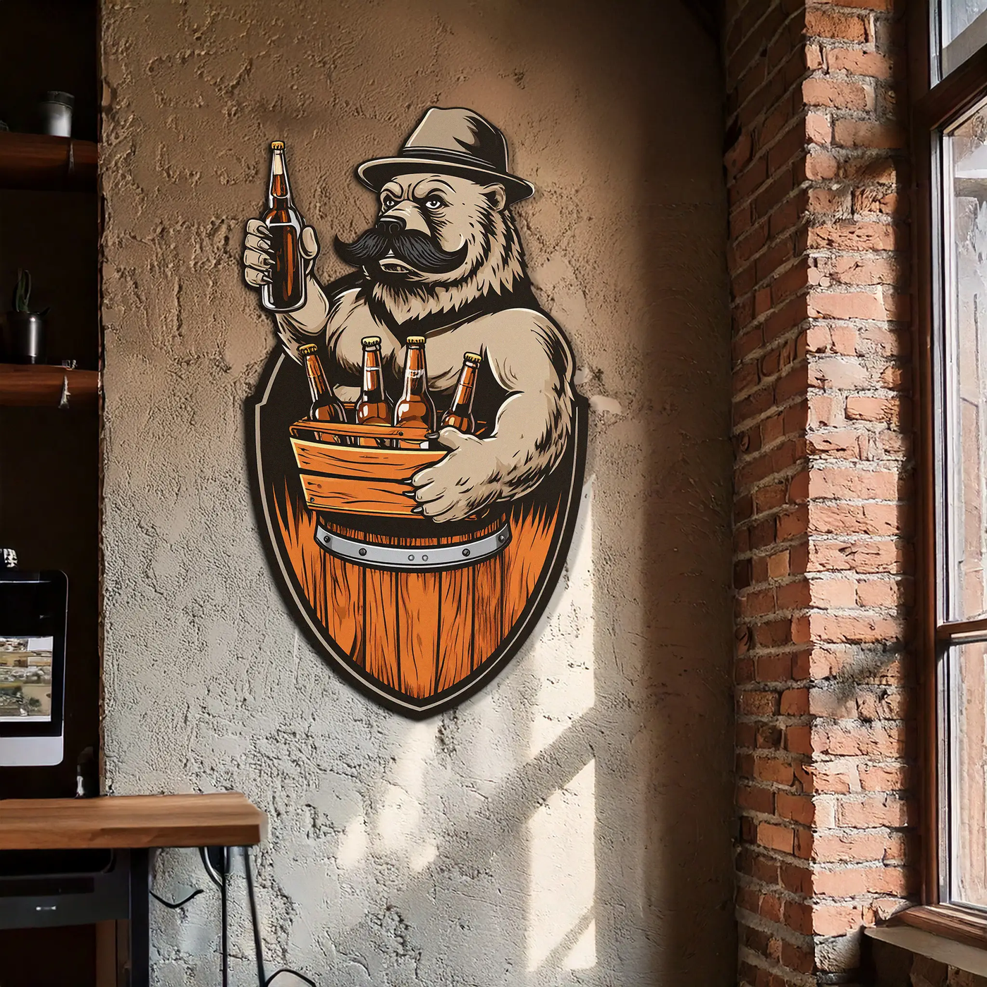Bearded Beer Bear Metal Wall Art – Funny Bar UV Decor-KAFUVM006 by Enova Art