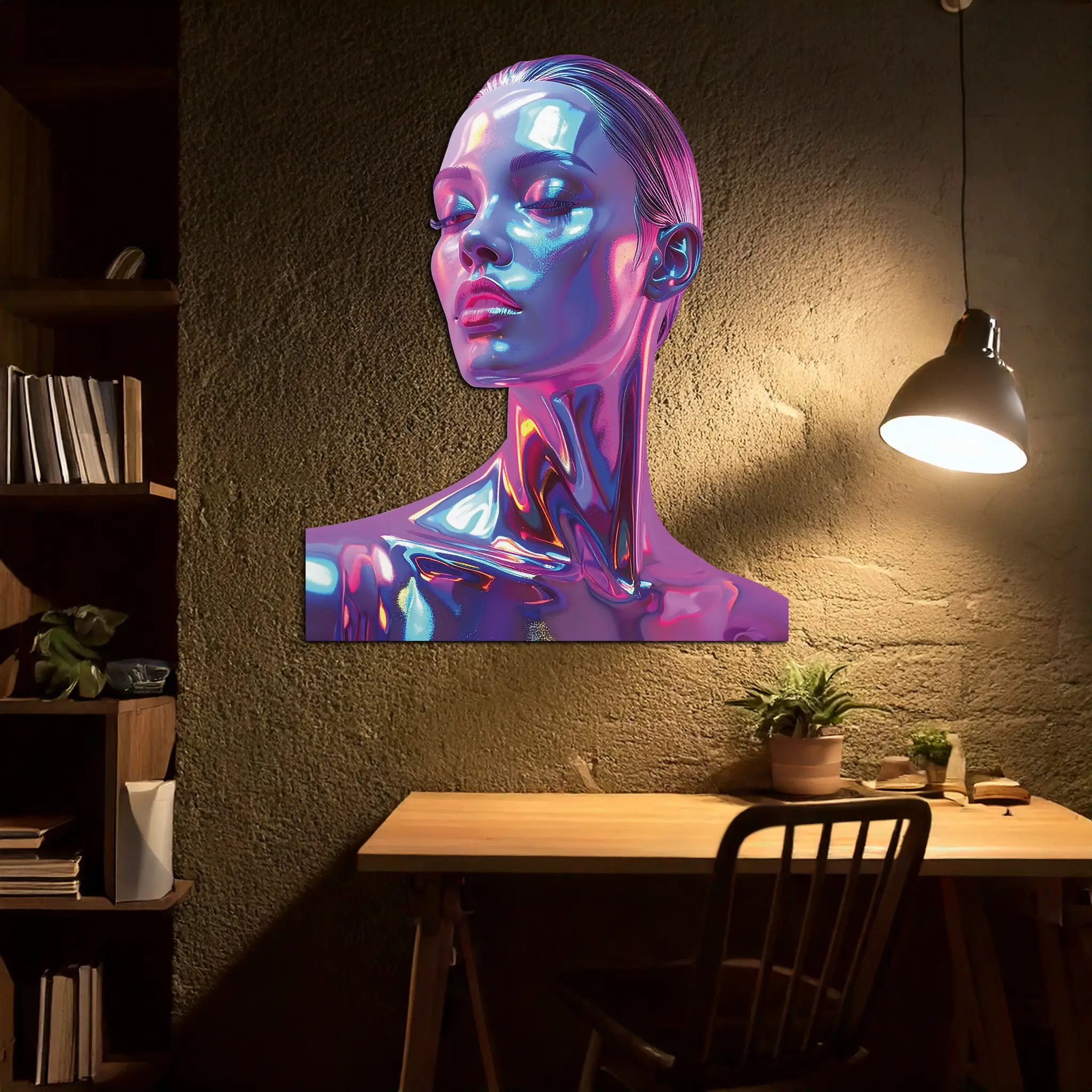 Holographic Woman Portrait Metal Wall Art – Futuristic UV Decor-KAFUVM009 by Enova Art