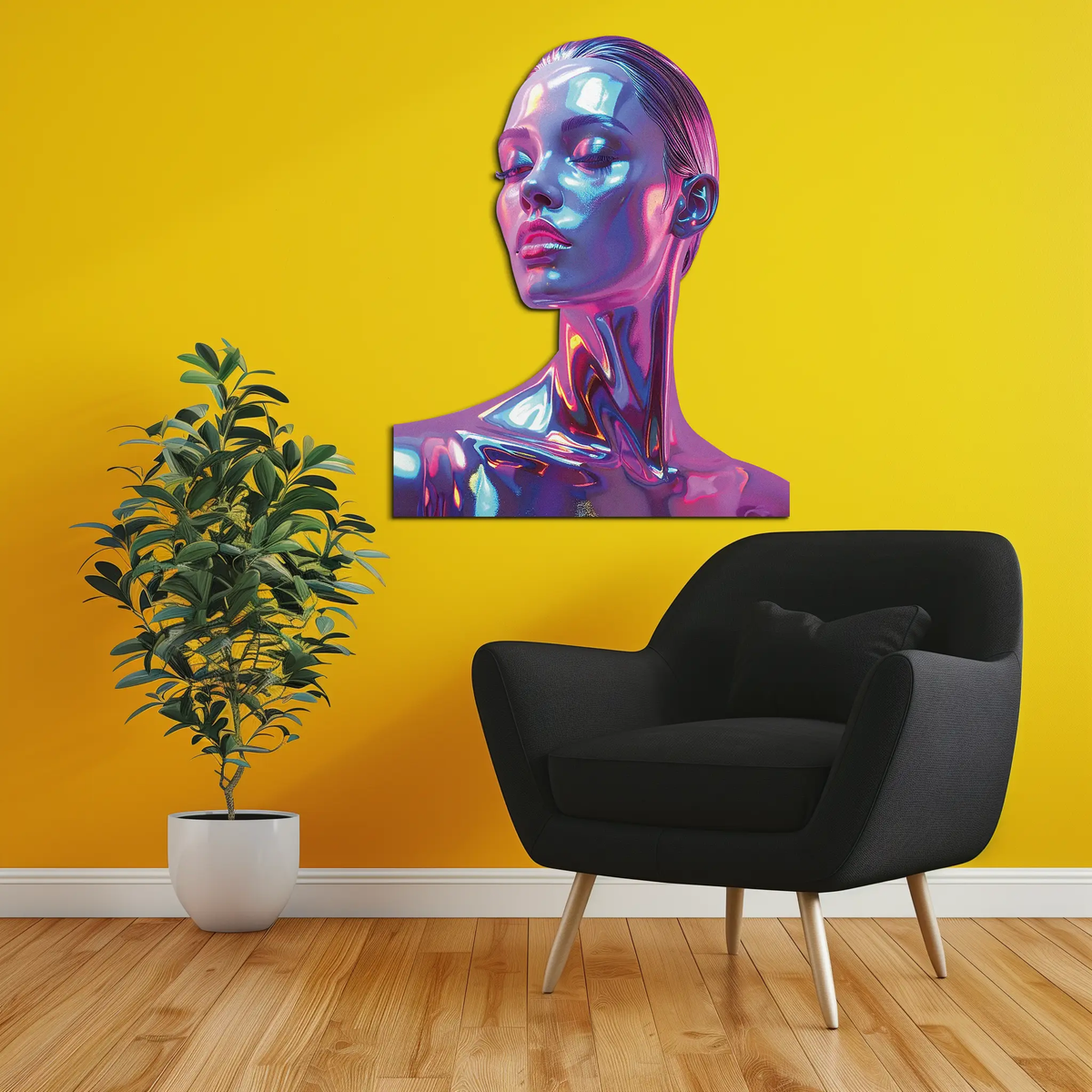 Holographic Woman Portrait Metal Wall Art – Futuristic UV Decor-KAFUVM009 by Enova Art
