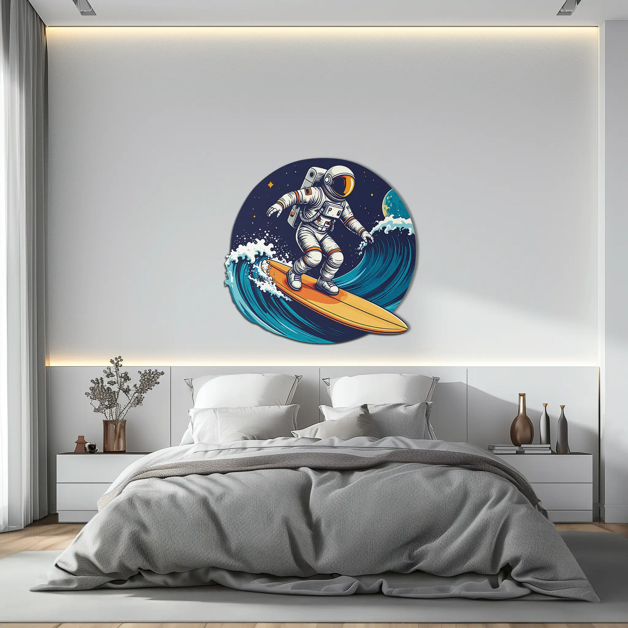 Astronaut Surfing Metal Wall Art – Space Wave UV Printed Decor-KAFUVM010 by Enova Art