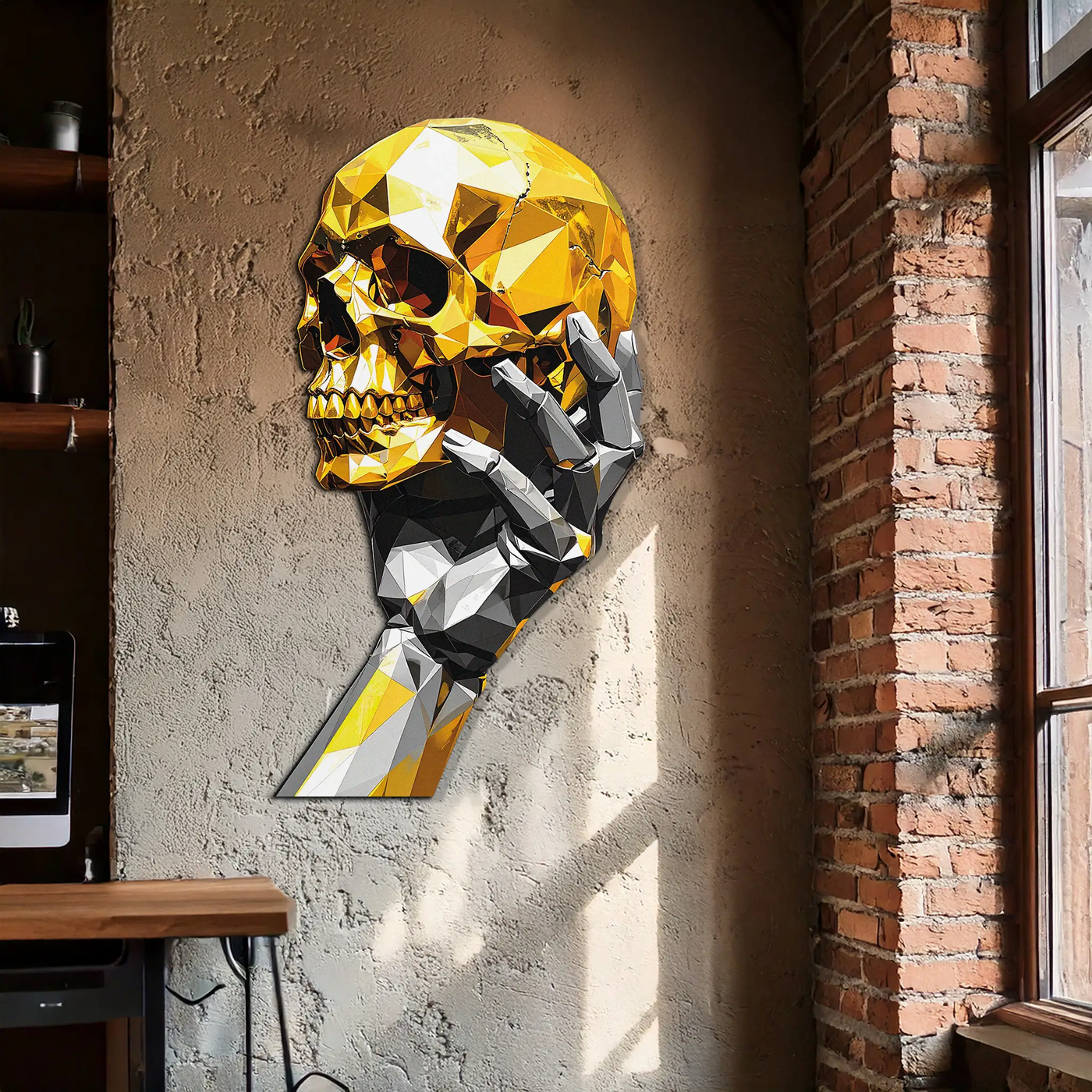 Gold Skull & Robot Hand Metal Wall Art – Futuristic UV Decor-KAFUVM013 by Enova Art