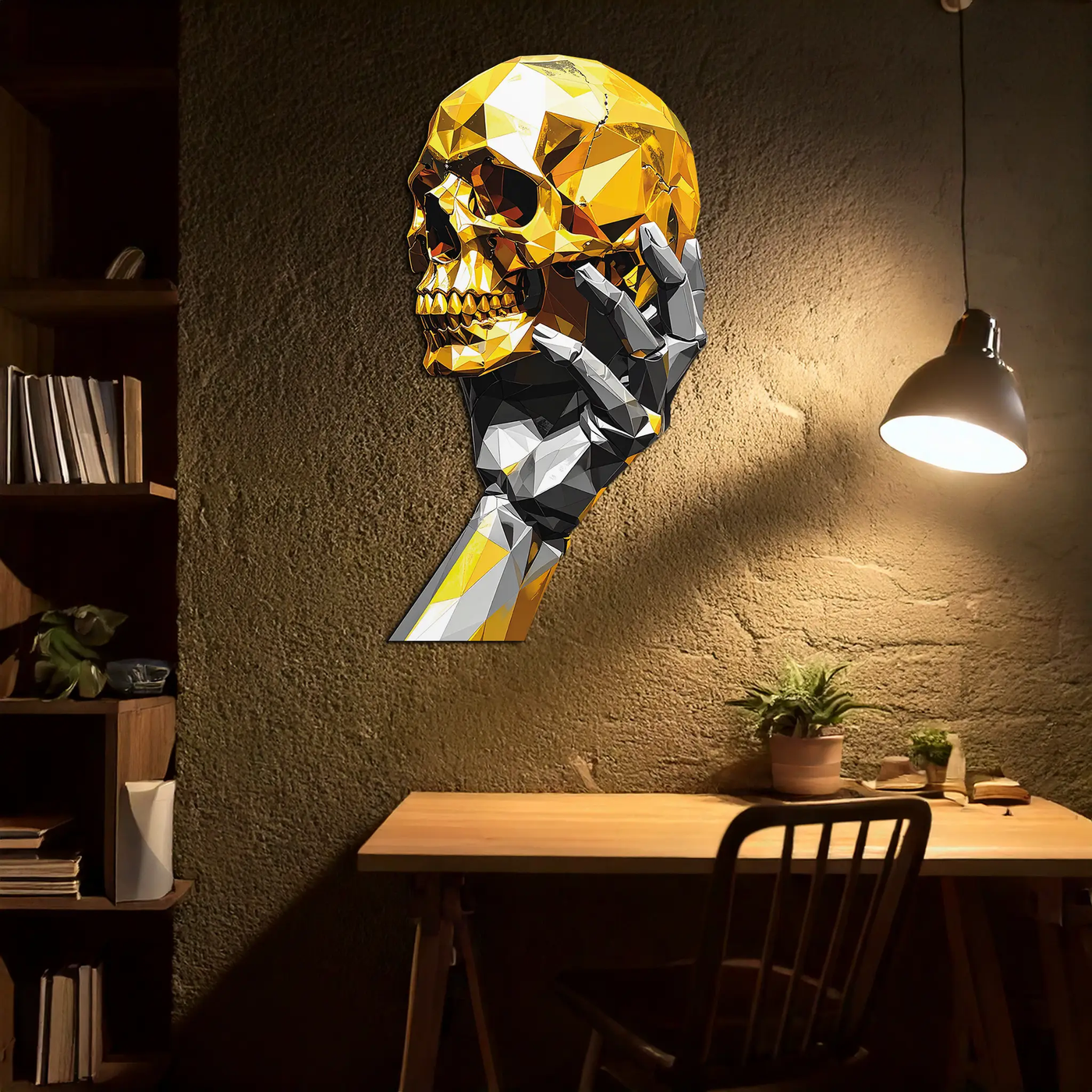 Gold Skull & Robot Hand Metal Wall Art – Futuristic UV Decor-KAFUVM013 by Enova Art