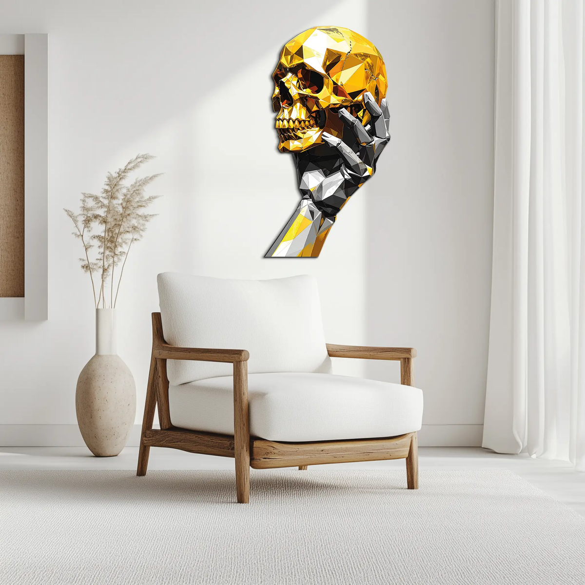 Gold Skull & Robot Hand Metal Wall Art – Futuristic UV Decor-KAFUVM013 by Enova Art