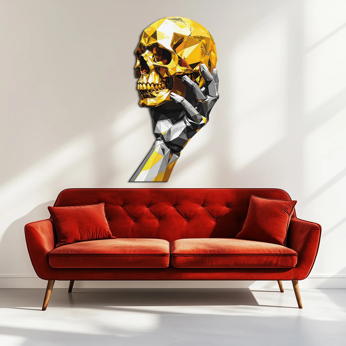 Gold Skull & Robot Hand Metal Wall Art – Futuristic UV Decor-KAFUVM013 by Enova Art