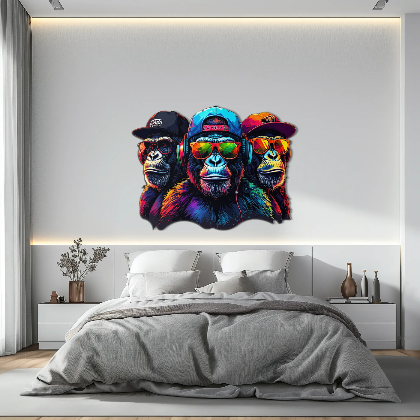Cool Gorilla Trio Metal Wall Art – Neon Urban UV Printed Decor-KAFUVM014 by Enova Art