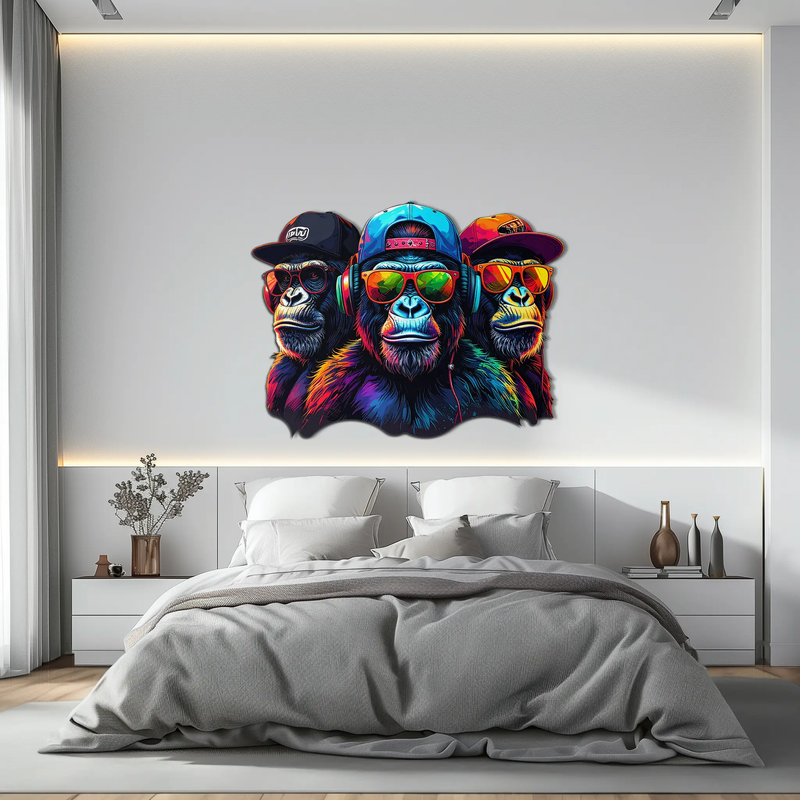 Cool Gorilla Trio Metal Wall Art – Neon Urban UV Printed Decor-KAFUVM014 by Enova Art
