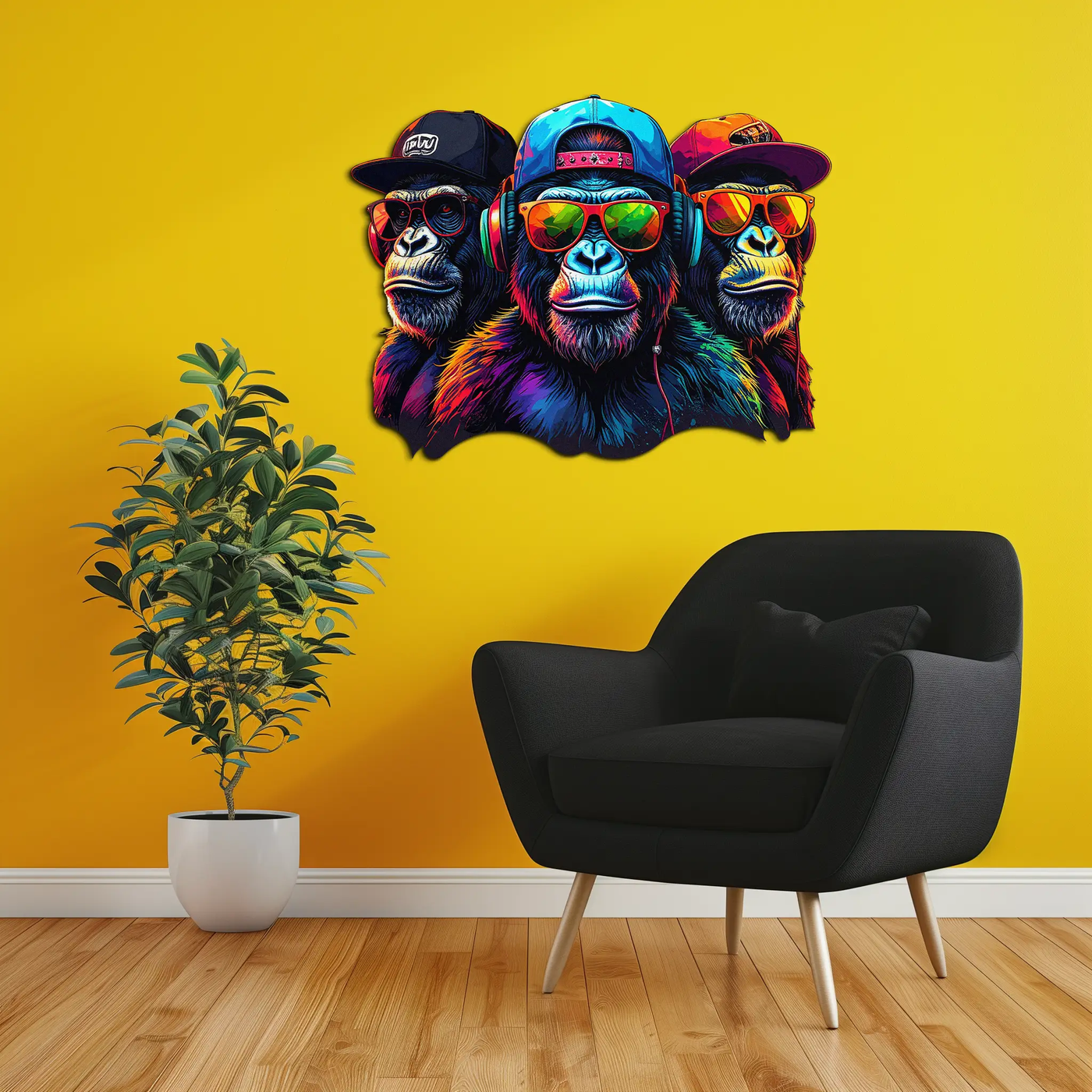Cool Gorilla Trio Metal Wall Art – Neon Urban UV Printed Decor-KAFUVM014 by Enova Art