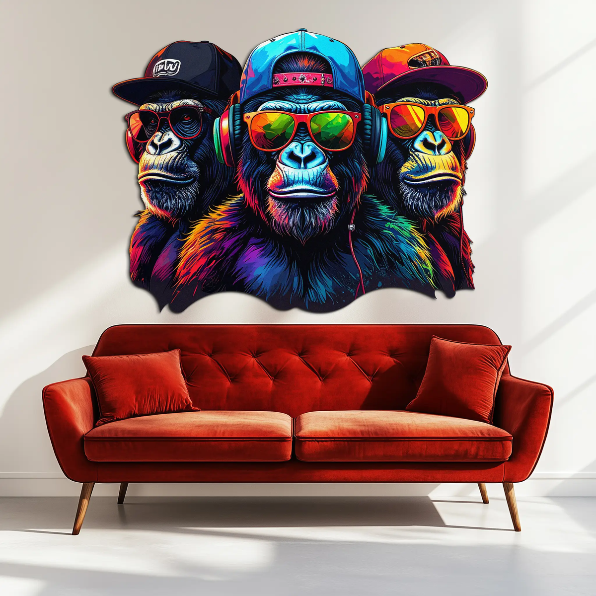 Cool Gorilla Trio Metal Wall Art – Neon Urban UV Printed Decor-KAFUVM014 by Enova Art